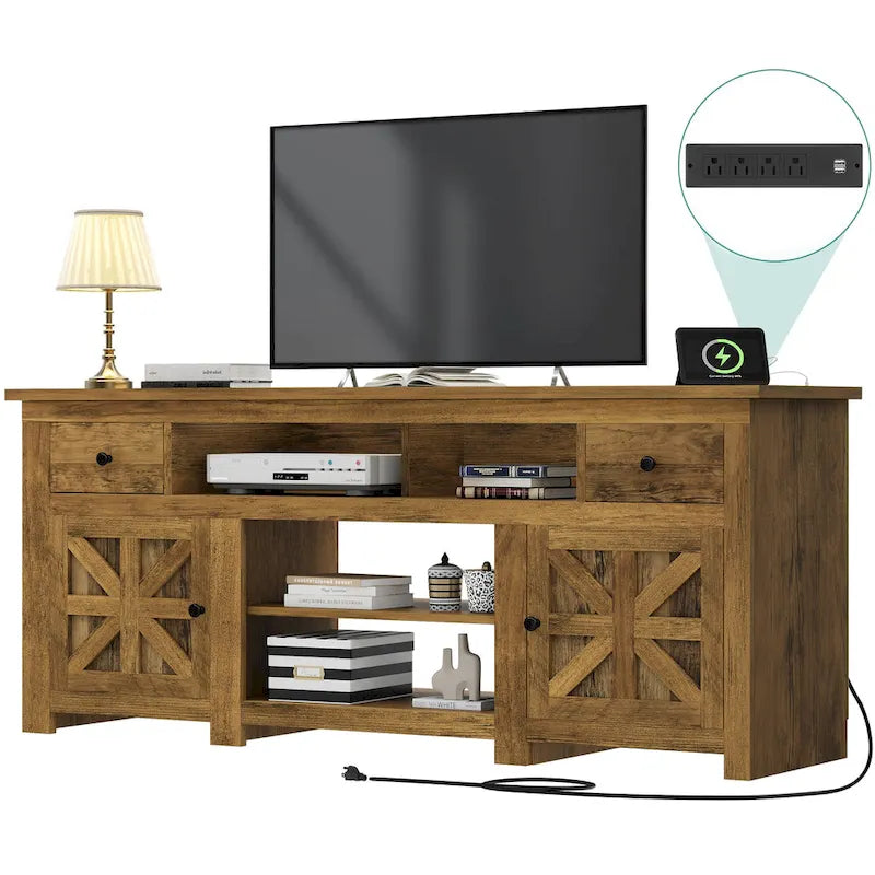 Meuble TV de ferme Moasis 70, meuble de divertissement avec prise de courant pour téléviseurs jusqu'à 80 pouces - 70L x 15,5W x 30H