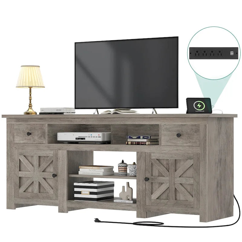 Meuble TV de ferme Moasis 70, meuble de divertissement avec prise de courant pour téléviseurs jusqu'à 80 pouces - 70L x 15,5W x 30H