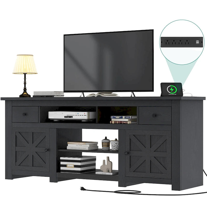Meuble TV de ferme Moasis 70, meuble de divertissement avec prise de courant pour téléviseurs jusqu'à 80 pouces - 70L x 15,5W x 30H