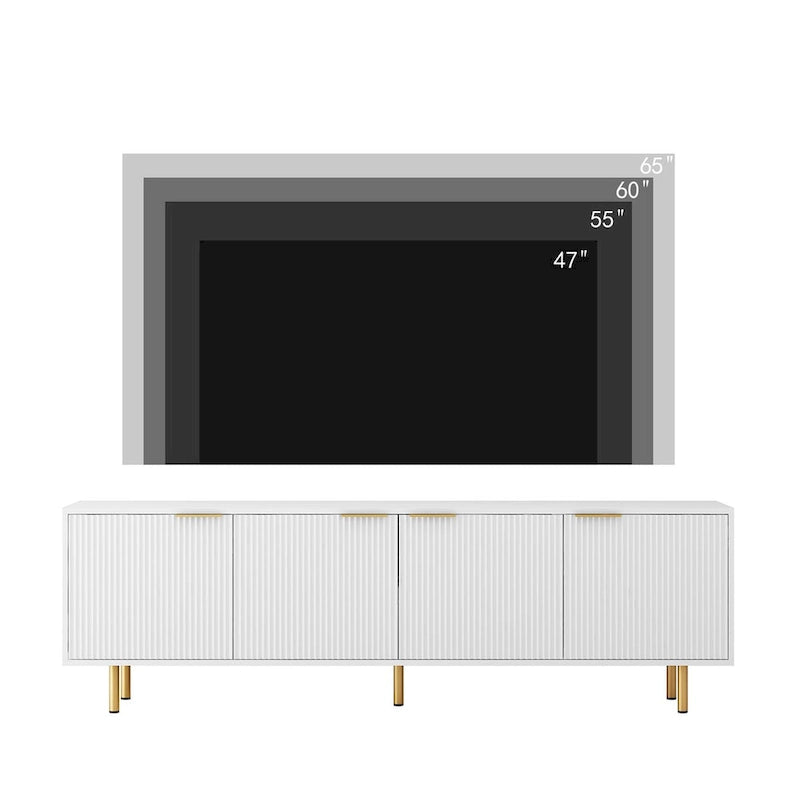 Meuble TV blanc cannelé 68 avec prise de courant, meuble de divertissement avec portes de rangement, meuble TV console média, pour téléviseurs de plus de 55 pouces
