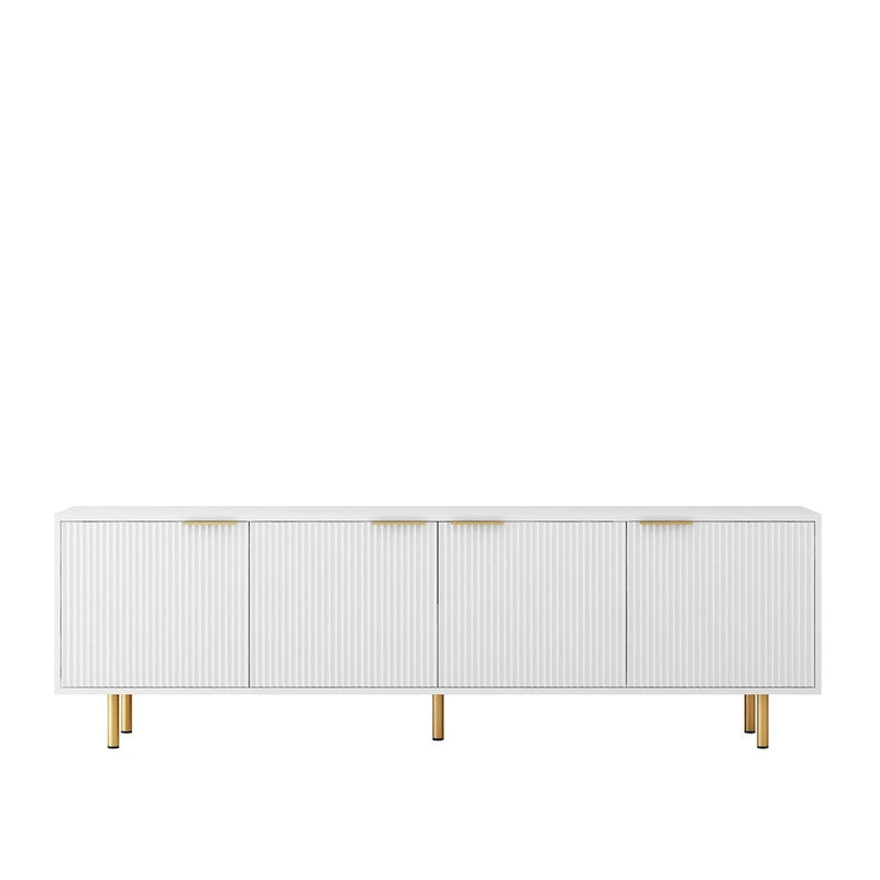 Meuble TV blanc cannelé 68 avec prise de courant, meuble de divertissement avec portes de rangement, meuble TV console média, pour téléviseurs de plus de 55 pouces