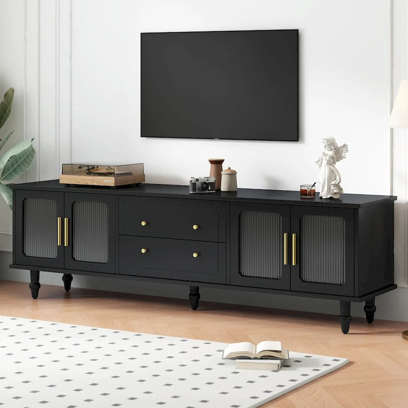 Meuble TV avec portes en verre cannelé pour téléviseurs jusqu'à 78 pouces, Console multimédia pratique avec 2 tiroirs et placards, Centre de divertissement