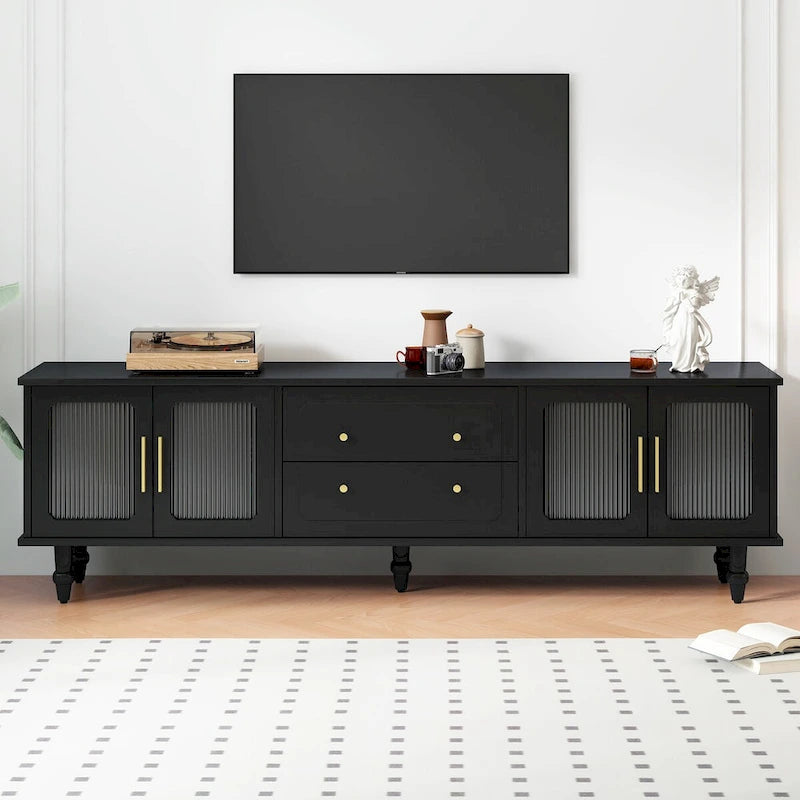 Meuble TV avec portes en verre cannelé pour téléviseurs jusqu'à 78 pouces, Console multimédia pratique avec 2 tiroirs et placards, Centre de divertissement