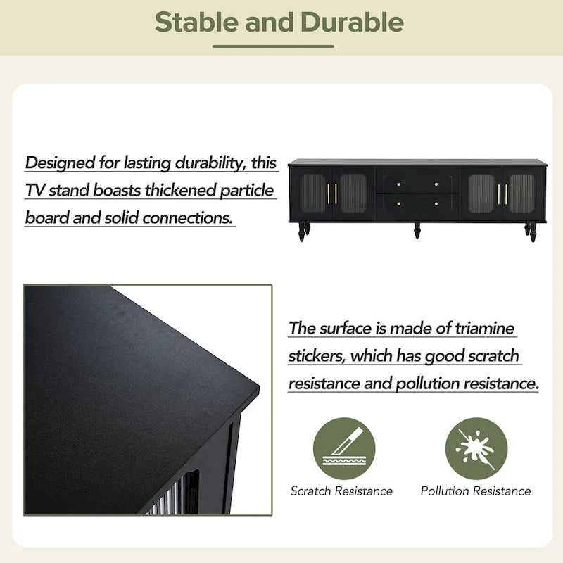 Meuble TV avec portes en verre cannelé pour téléviseurs jusqu'à 78 pouces, Console multimédia pratique avec 2 tiroirs et placards, Centre de divertissement
