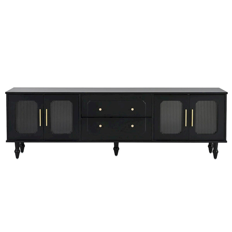 Meuble TV avec portes en verre cannelé pour téléviseurs jusqu'à 78 pouces, Console multimédia pratique avec 2 tiroirs et placards, Centre de divertissement