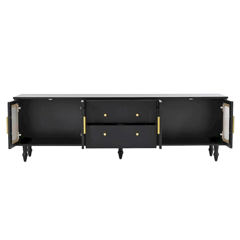 Meuble TV avec portes en verre cannelé pour téléviseurs jusqu'à 78 pouces, Console multimédia pratique avec 2 tiroirs et placards, Centre de divertissement