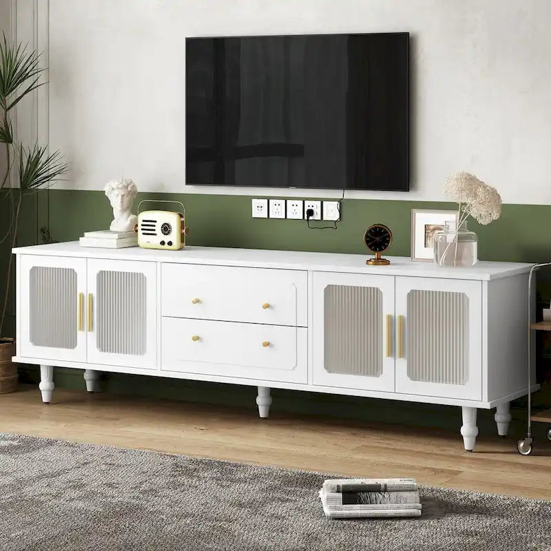 Meuble TV avec portes en verre cannelé pour téléviseurs jusqu'à 78 pouces, Console multimédia pratique avec 2 tiroirs et placards, Centre de divertissement