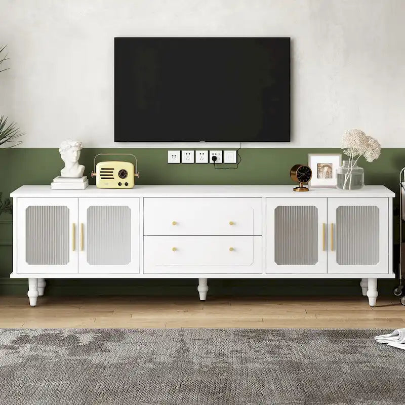 Meuble TV avec portes en verre cannelé pour téléviseurs jusqu'à 78 pouces, Console multimédia pratique avec 2 tiroirs et placards, Centre de divertissement