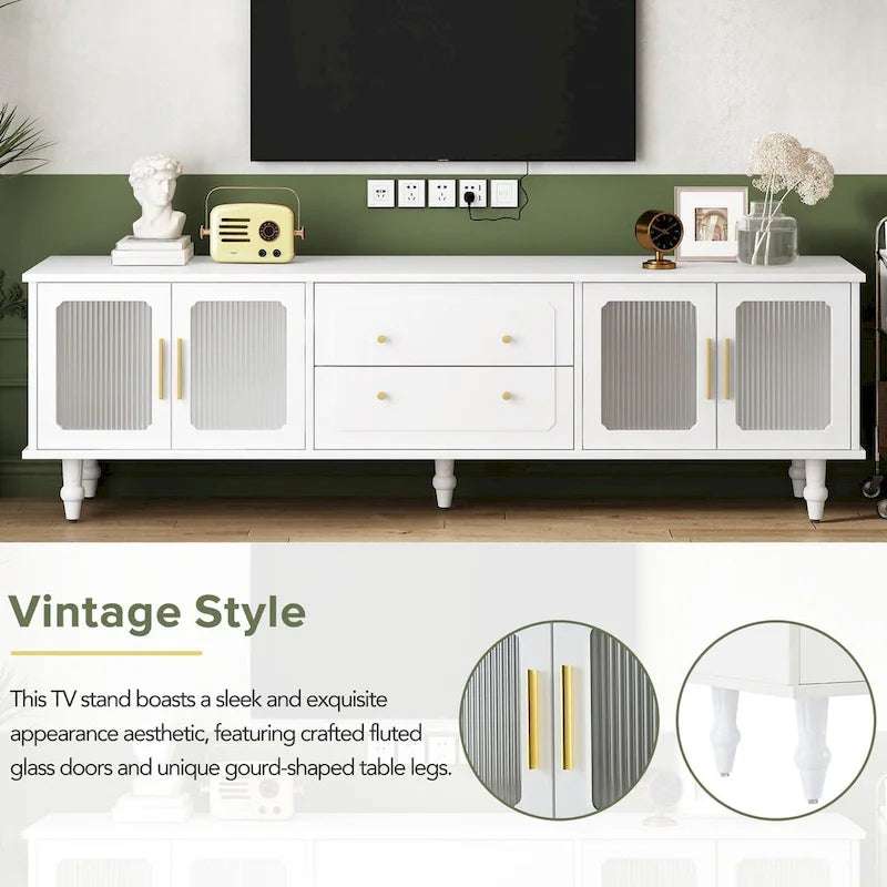 Meuble TV avec portes en verre cannelé pour téléviseurs jusqu'à 78 pouces, Console multimédia pratique avec 2 tiroirs et placards, Centre de divertissement