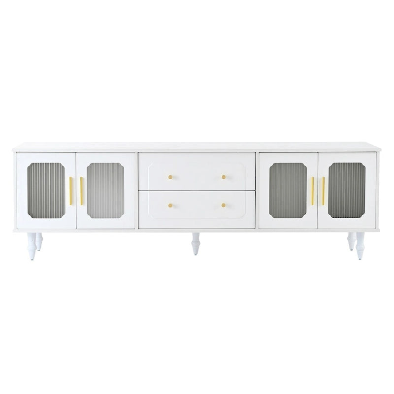 Meuble TV avec portes en verre cannelé pour téléviseurs jusqu'à 78 pouces, Console multimédia pratique avec 2 tiroirs et placards, Centre de divertissement