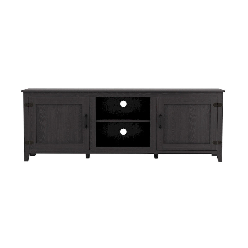 Meuble TV Mieres pour téléviseur de 75 pouces, Centre de divertissement avec deux portes et 4 compartiments de rangement ouverts, Console TV, Meuble multimédia