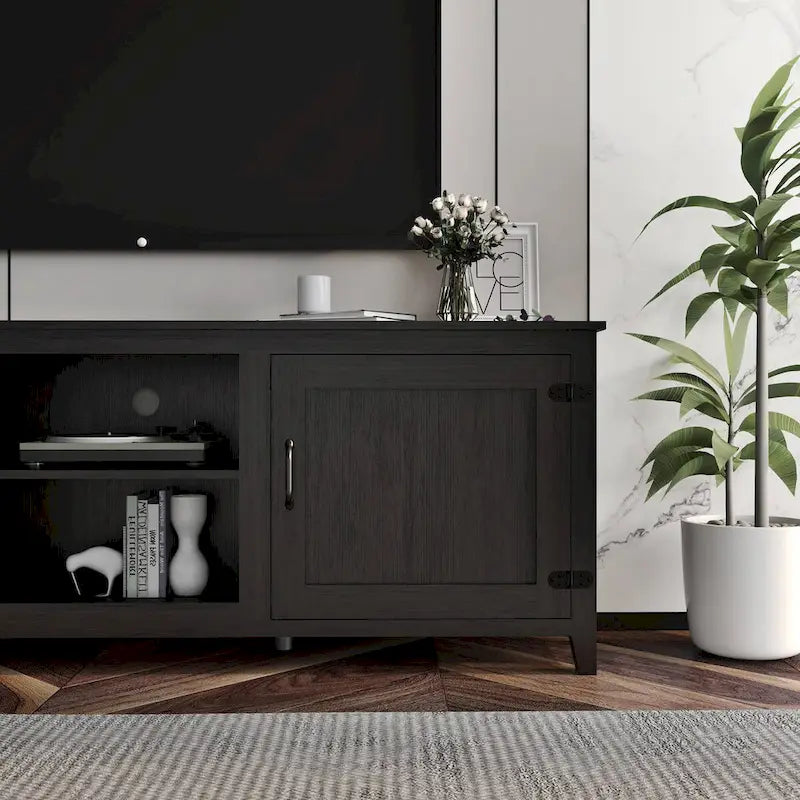 Meuble TV Mieres pour téléviseur de 75 pouces, Centre de divertissement avec deux portes et 4 compartiments de rangement ouverts, Console TV, Meuble multimédia
