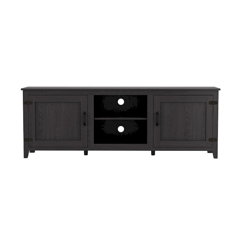 Meuble TV Mieres pour téléviseur de 75 pouces, Centre de divertissement avec deux portes et 4 compartiments de rangement ouverts, Console TV, Meuble multimédia