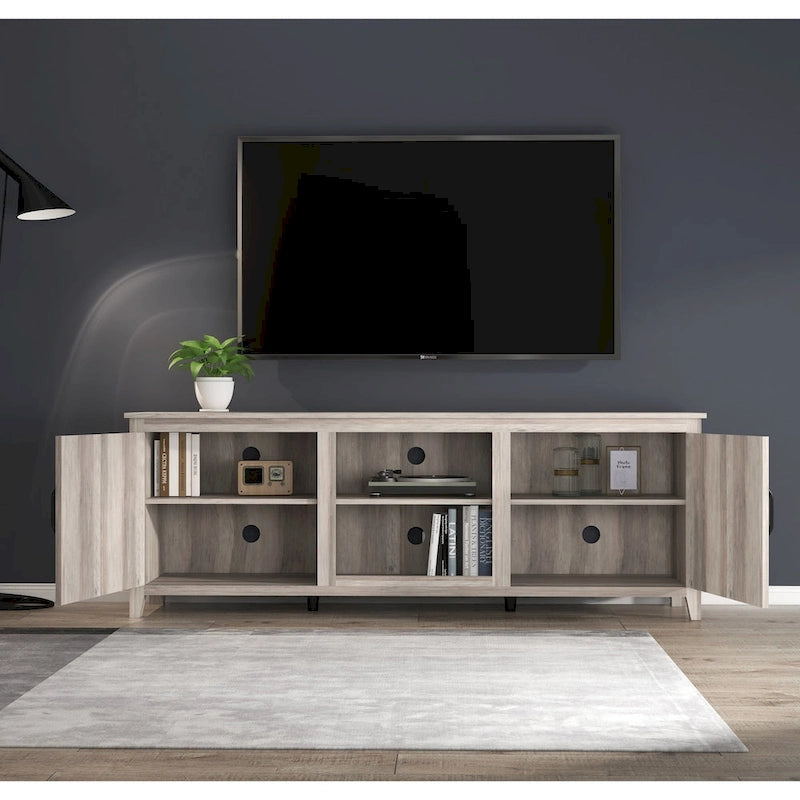 Meuble TV Mieres pour téléviseur de 75 pouces, Centre de divertissement avec deux portes et 4 compartiments de rangement ouverts, Console TV, Meuble multimédia
