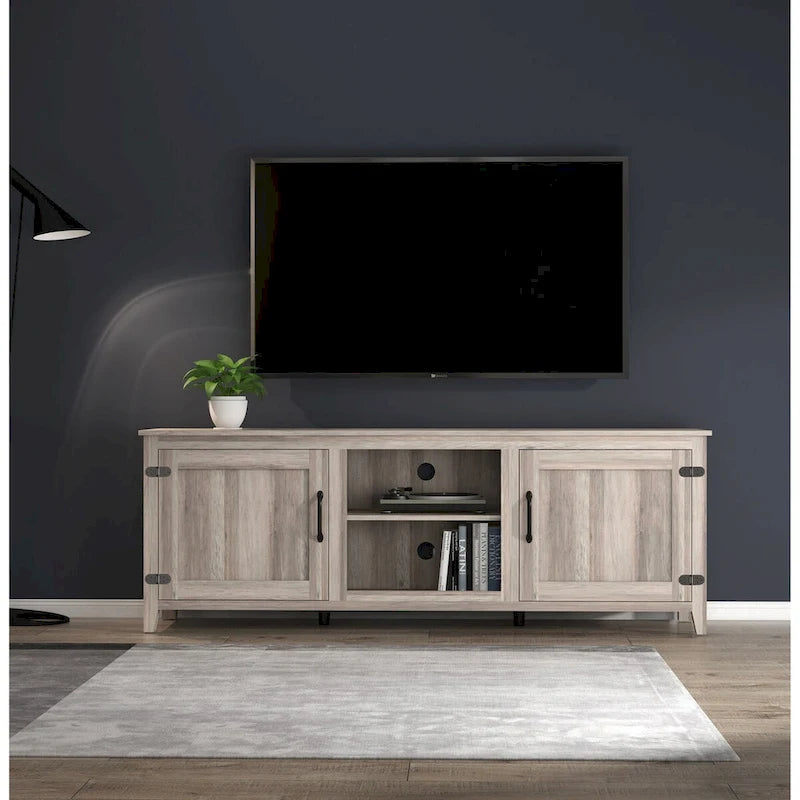 Meuble TV Mieres pour téléviseur de 75 pouces, Centre de divertissement avec deux portes et 4 compartiments de rangement ouverts, Console TV, Meuble multimédia