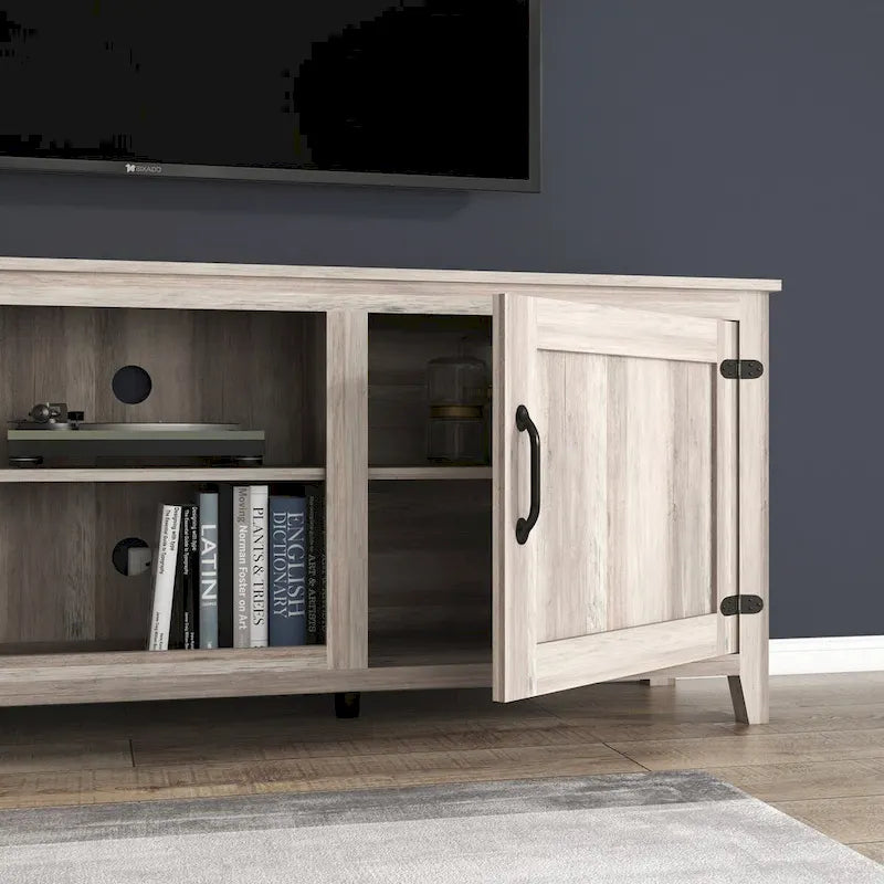 Meuble TV Mieres pour téléviseur de 75 pouces, Centre de divertissement avec deux portes et 4 compartiments de rangement ouverts, Console TV, Meuble multimédia