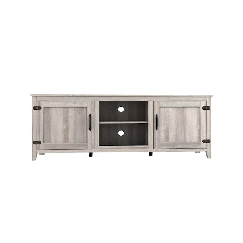 Meuble TV Mieres pour téléviseur de 75 pouces, Centre de divertissement avec deux portes et 4 compartiments de rangement ouverts, Console TV, Meuble multimédia