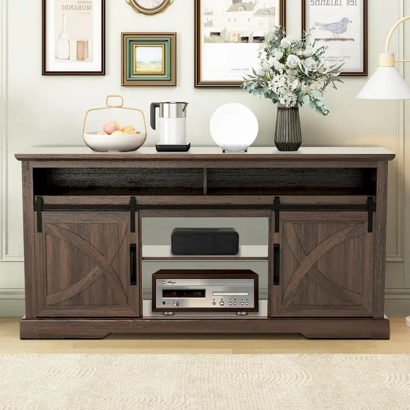 Meuble TV console avec porte de grange coulissante en noyer de 68 pouces avec rangement et compartiment ouvert