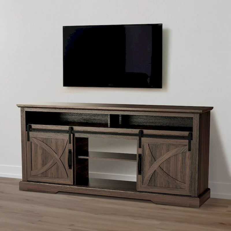 Meuble TV console avec porte de grange coulissante en noyer de 68 pouces avec rangement et compartiment ouvert