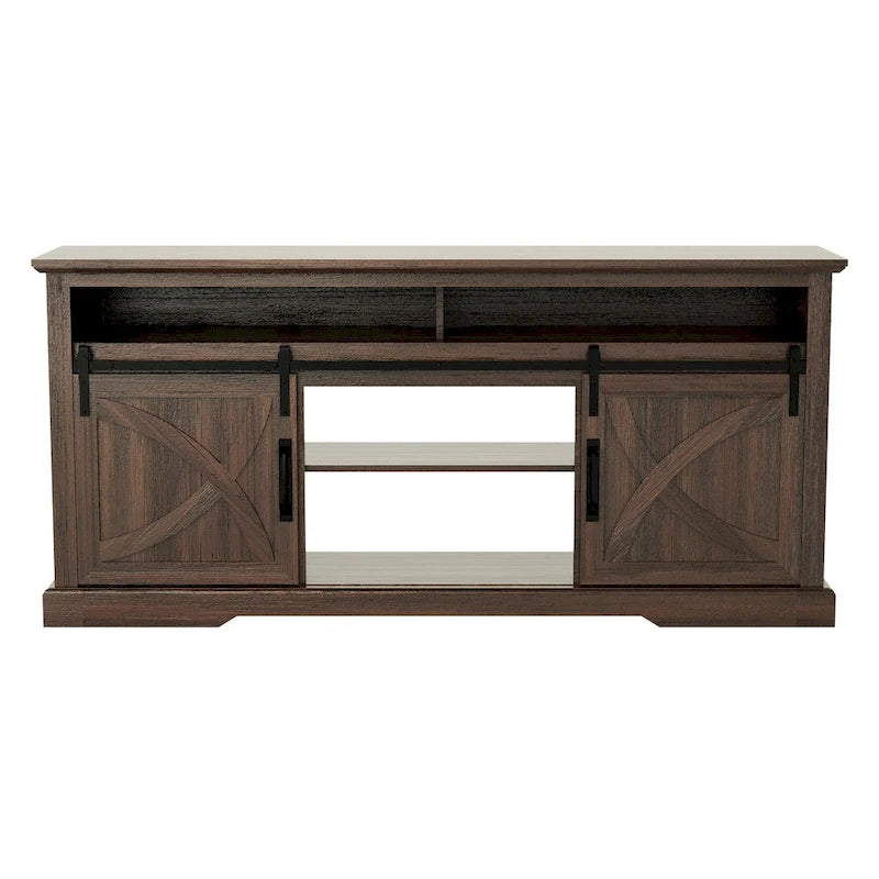 Meuble TV console avec porte de grange coulissante en noyer de 68 pouces avec rangement et compartiment ouvert