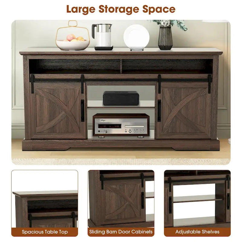 Meuble TV console avec porte de grange coulissante en noyer de 68 pouces avec rangement et compartiment ouvert