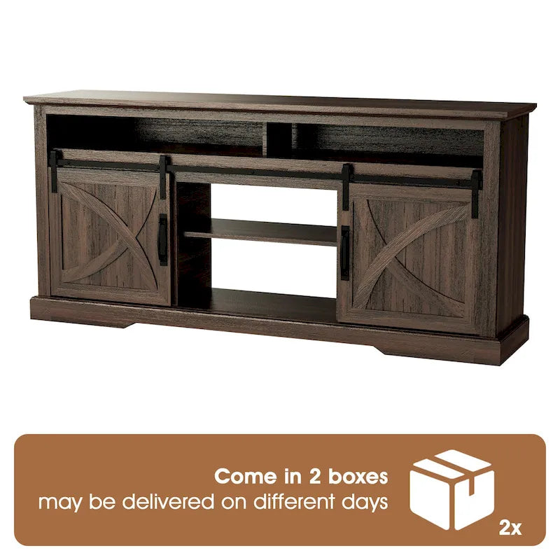 Meuble TV console avec porte de grange coulissante en noyer de 68 pouces avec rangement et compartiment ouvert