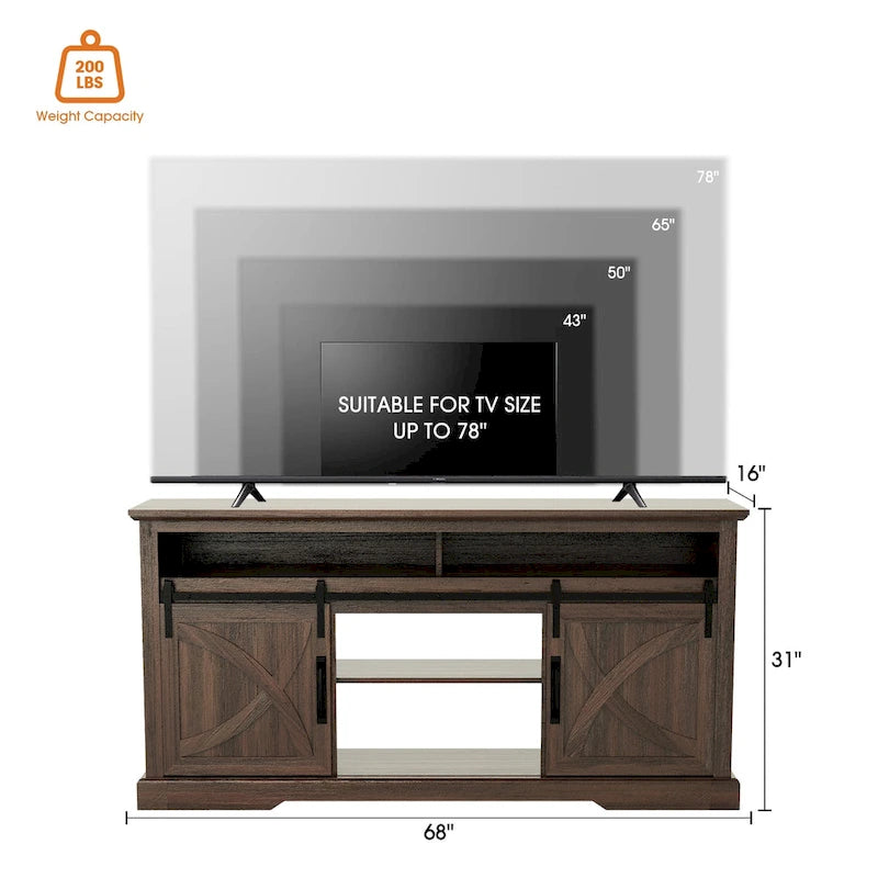Meuble TV console avec porte de grange coulissante en noyer de 68 pouces avec rangement et compartiment ouvert