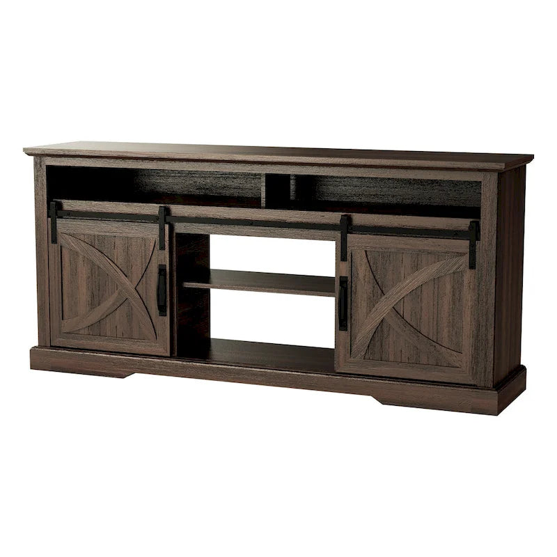 Meuble TV console avec porte de grange coulissante en noyer de 68 pouces avec rangement et compartiment ouvert