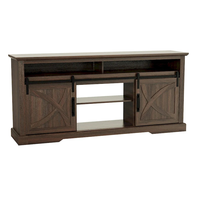 Meuble TV console avec porte de grange coulissante en noyer de 68 pouces avec rangement et compartiment ouvert