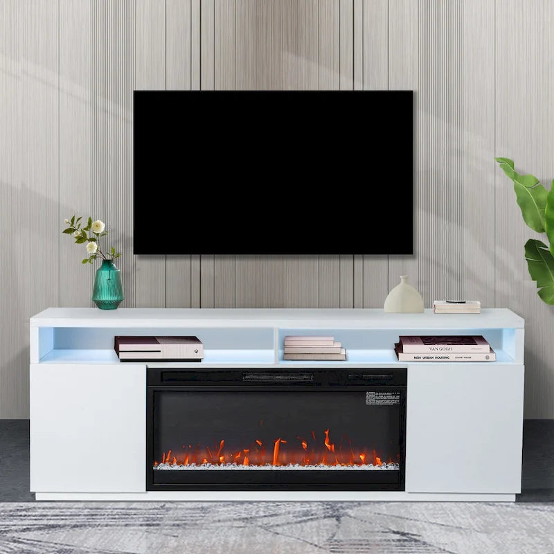Meuble TV blanc moderne à LED RGB de 68 po avec foyer de 36 po