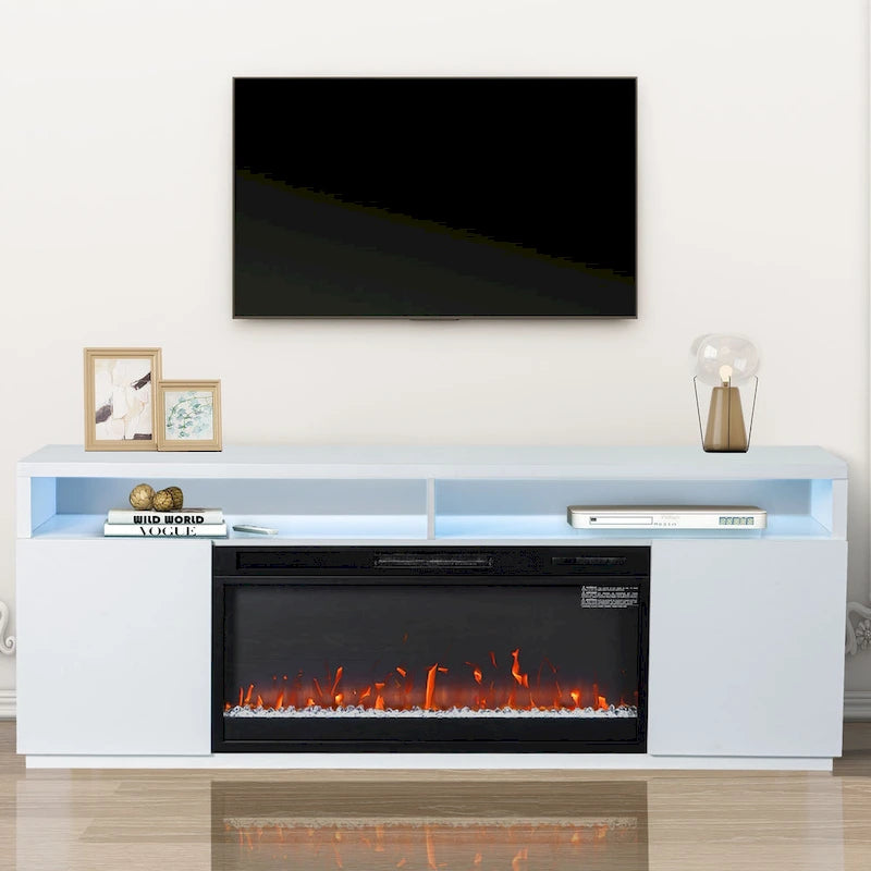 Meuble TV blanc moderne à LED RGB de 68 po avec foyer de 36 po