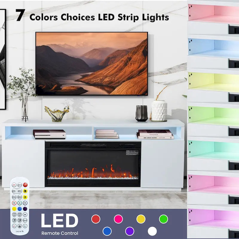 Meuble TV blanc moderne à LED RGB de 68 po avec foyer de 36 po