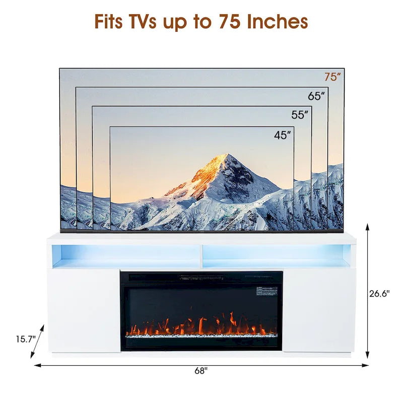 Meuble TV blanc moderne à LED RGB de 68 po avec foyer de 36 po