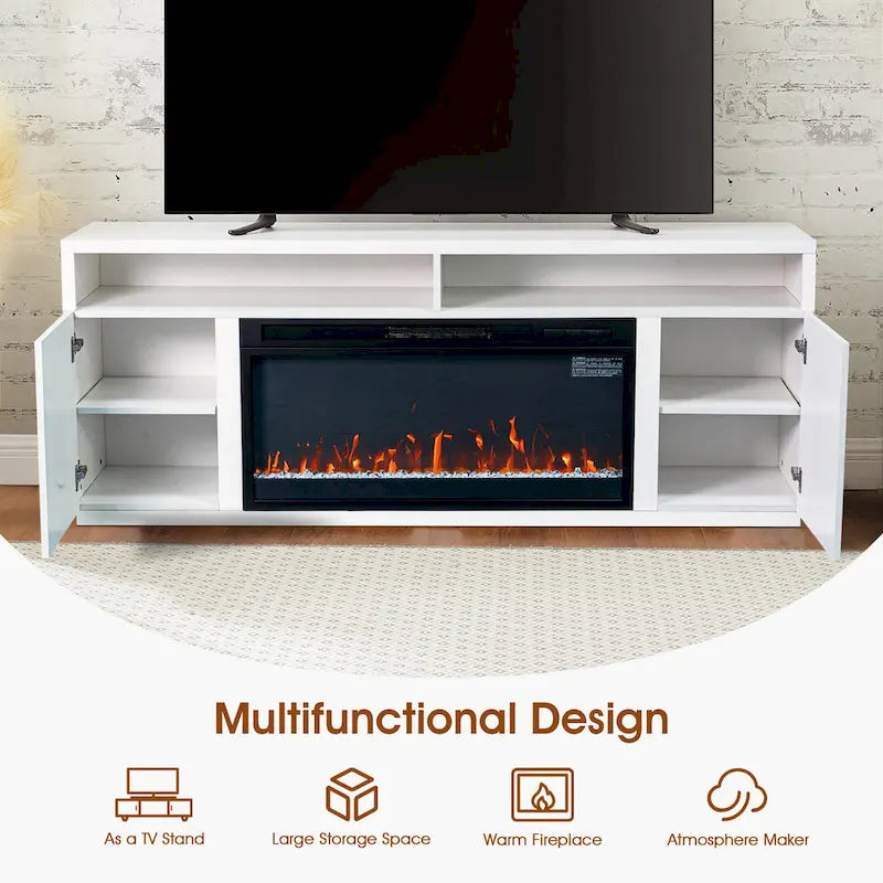 Meuble TV blanc moderne à LED RGB de 68 po avec foyer de 36 po