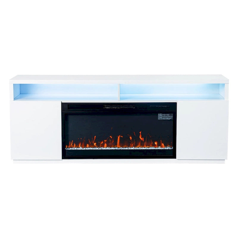 Meuble TV blanc moderne à LED RGB de 68 po avec foyer de 36 po