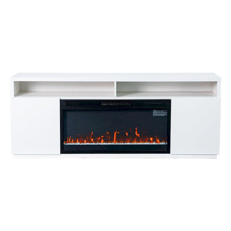 Meuble TV blanc moderne à LED RGB de 68 po avec foyer de 36 po