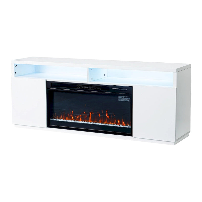 Meuble TV blanc moderne à LED RGB de 68 po avec foyer de 36 po