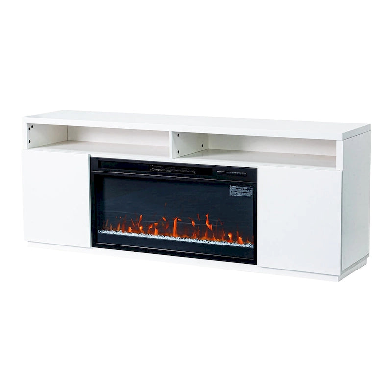 Meuble TV blanc moderne à LED RGB de 68 po avec foyer de 36 po
