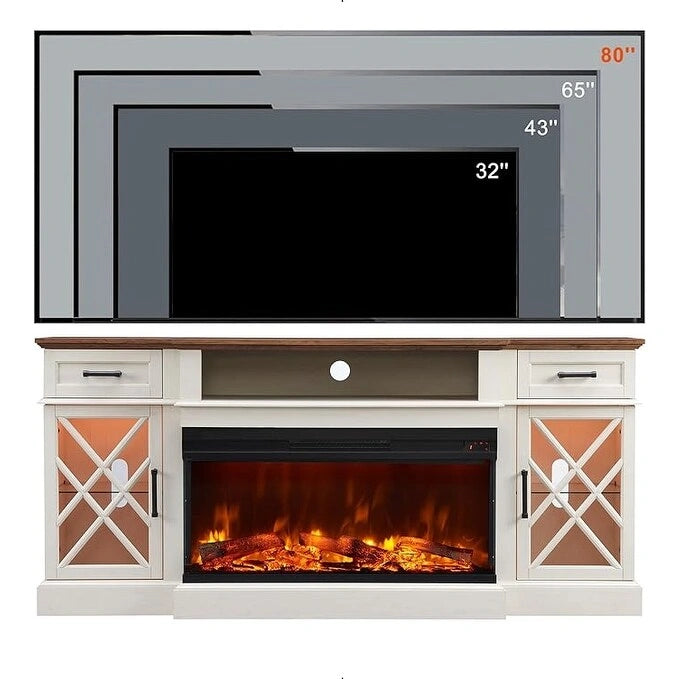 Meuble TV avec cheminée électrique 3 faces de style rustique, Centre de divertissement
