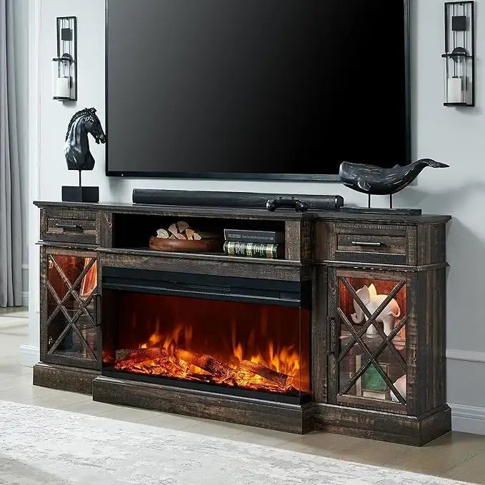 Meuble TV avec cheminée électrique 3 faces de style rustique, Centre de divertissement