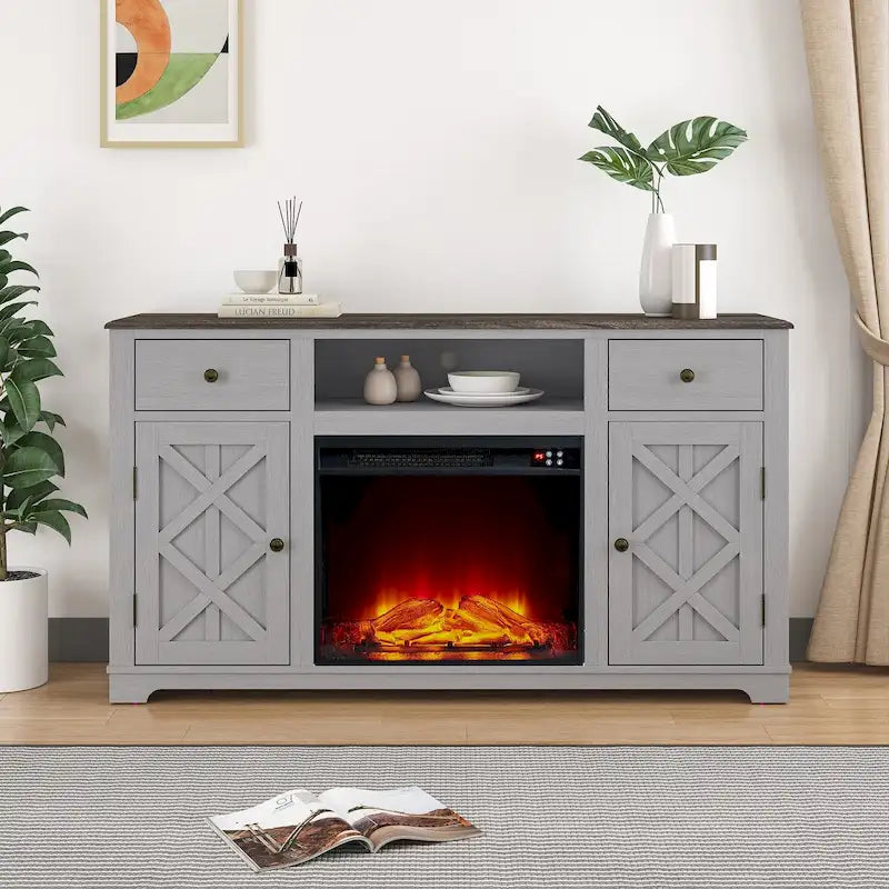 Meuble TV de style rustique avec cheminée pour téléviseur jusqu'à 65 po - 60 larg. x 33 haut. x 15,5 prof.