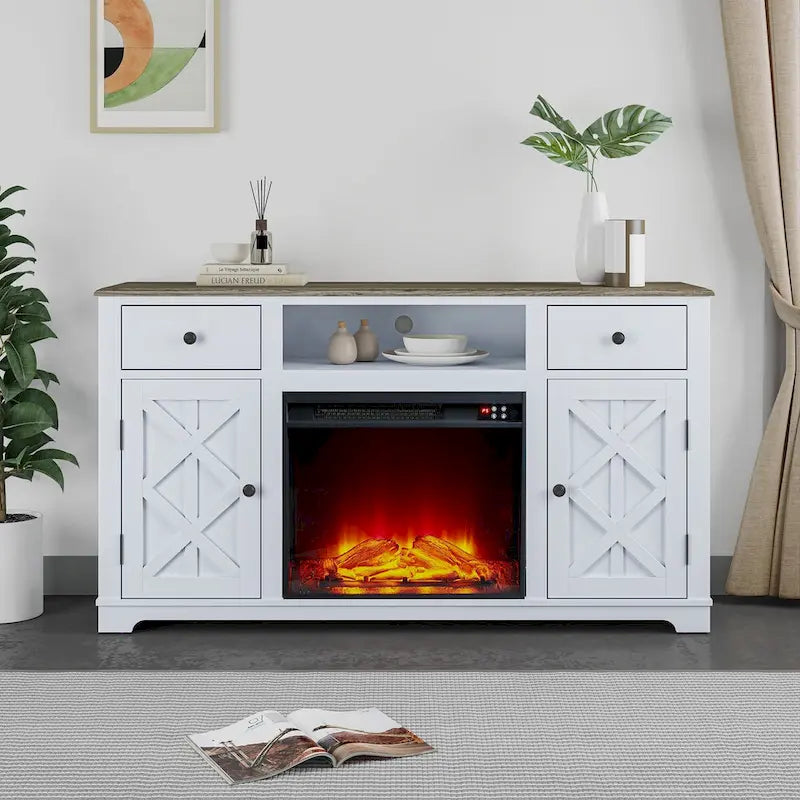 Meuble TV de style rustique avec cheminée pour téléviseur jusqu'à 65 po - 60 larg. x 33 haut. x 15,5 prof.
