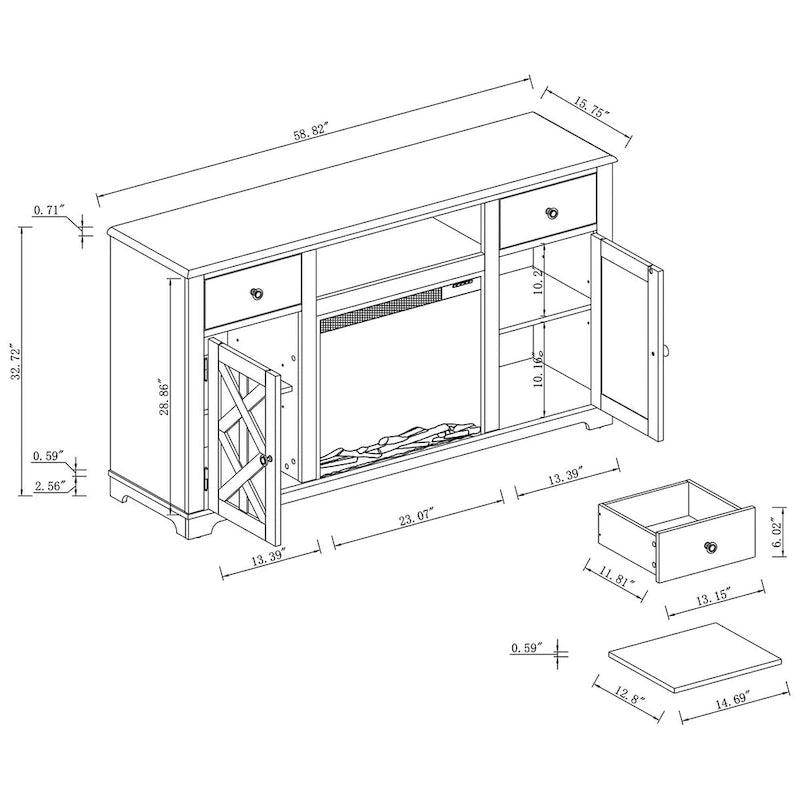 Meuble TV de style rustique avec cheminée pour téléviseur jusqu'à 65 po - 60 larg. x 33 haut. x 15,5 prof.