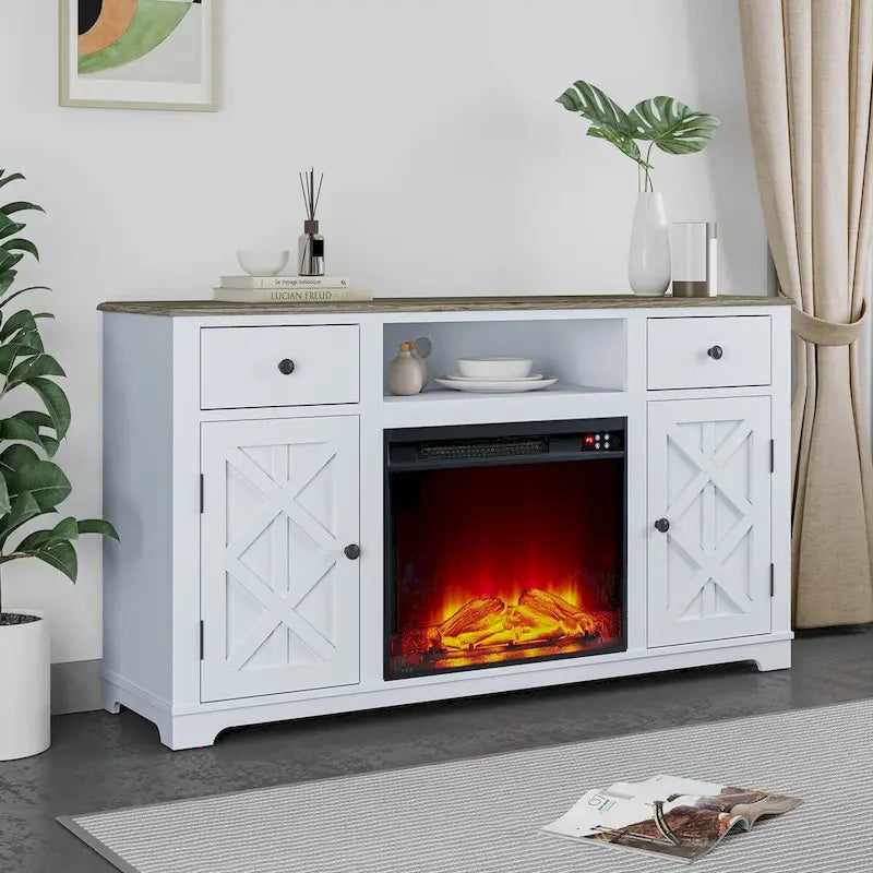 Meuble TV de style rustique avec cheminée pour téléviseur jusqu'à 65 po - 60 larg. x 33 haut. x 15,5 prof.