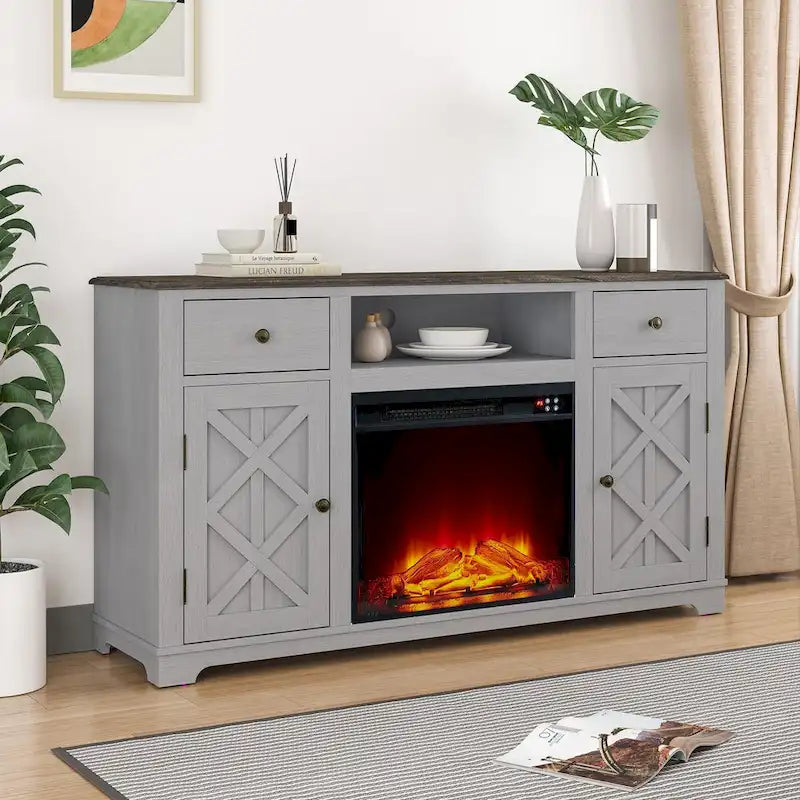 Meuble TV de style rustique avec cheminée pour téléviseur jusqu'à 65 po - 60 larg. x 33 haut. x 15,5 prof.