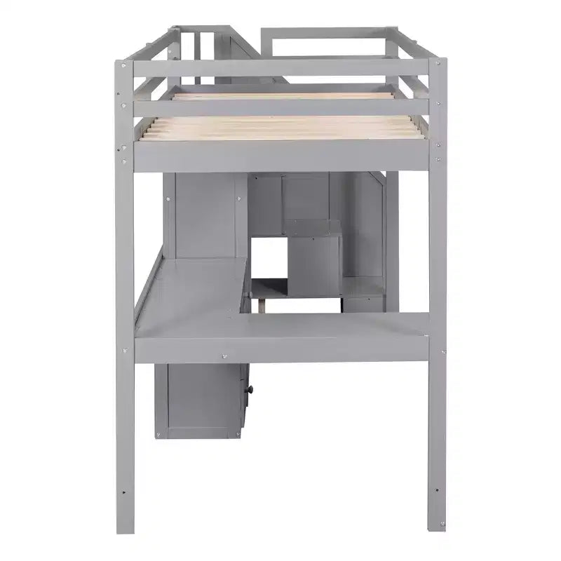 Twin Size Loft Bed with L-Shaped Desk, 3 Drawers, Cabinet, Staircase Storage, Solid Pine/MDF Build