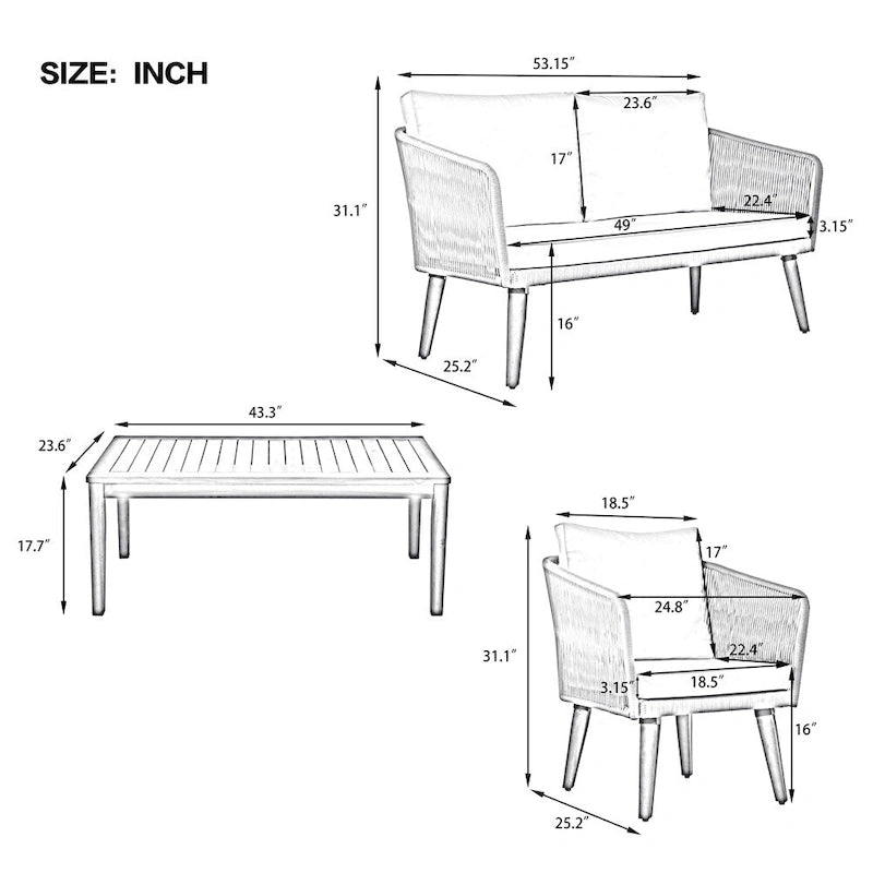 Ensemble de conversation de patio 4 pièces avec coussins et causeuse en bois massif
