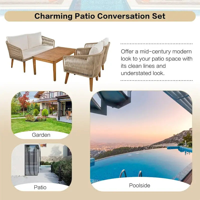 Ensemble de conversation de patio 4 pièces avec coussins et causeuse en bois massif