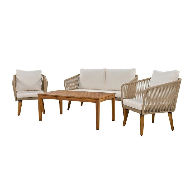 Ensemble de conversation de patio 4 pièces avec coussins et causeuse en bois massif