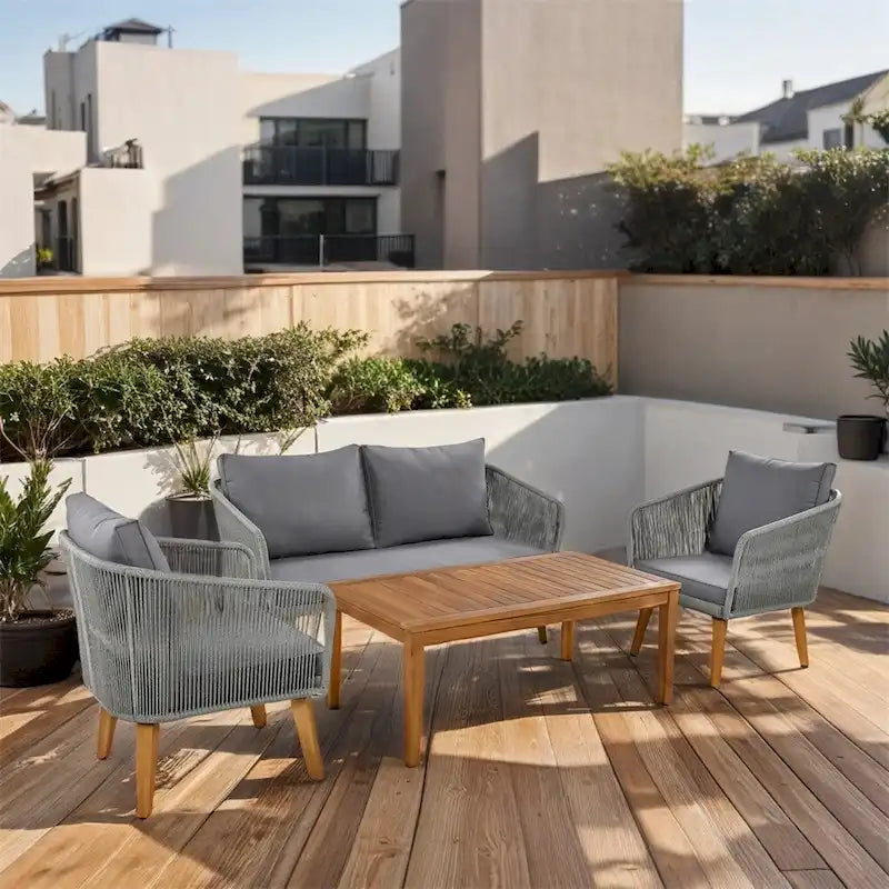 Ensemble de conversation de patio 4 pièces avec coussins et causeuse en bois massif